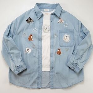 Vintage 90s Tia Designs Horse Appliqué Denim Shirt 3X Two-Piece Set Equestrian